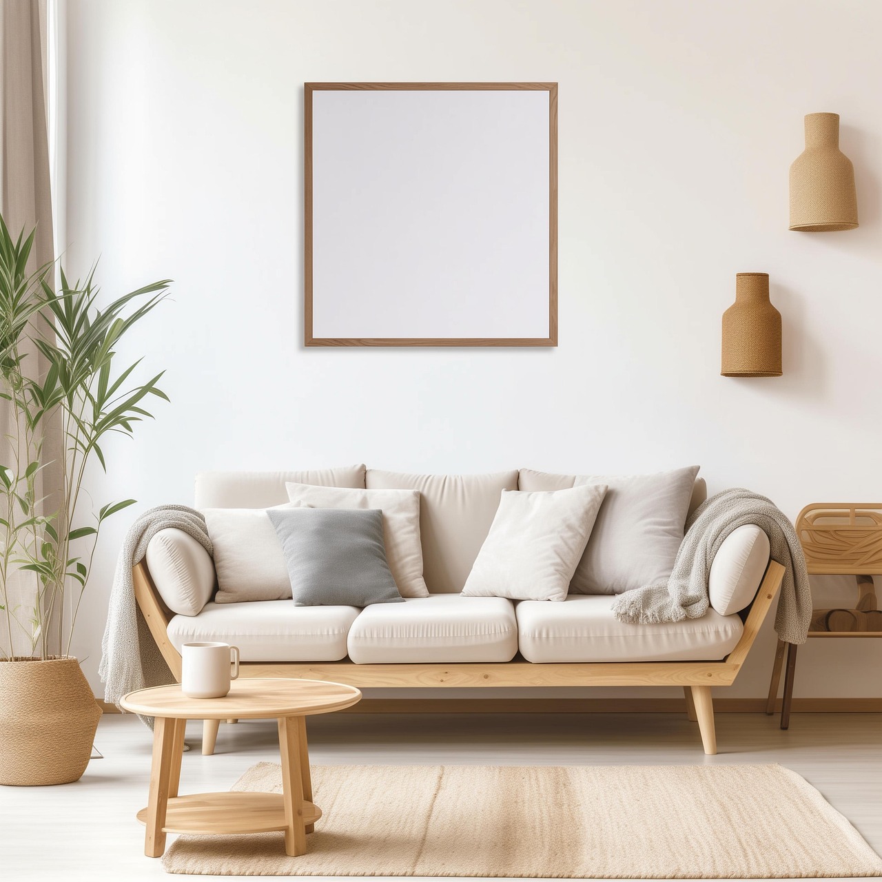 salon avec canapé beige et bois, décoration bois et naturelle